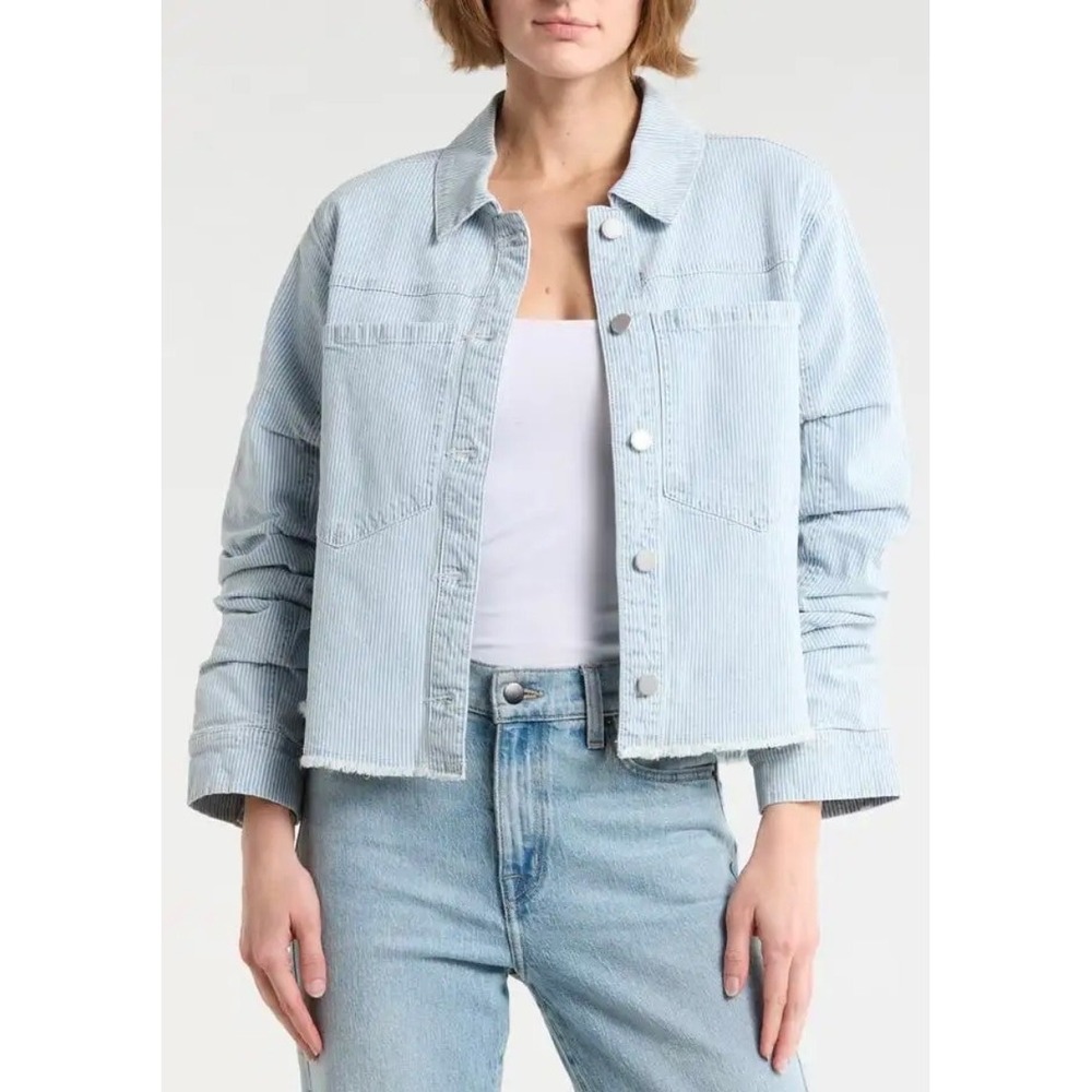 Democracy Blue White Striped Ruched Sleeve Denim Jacket XL BN7880OZ2C